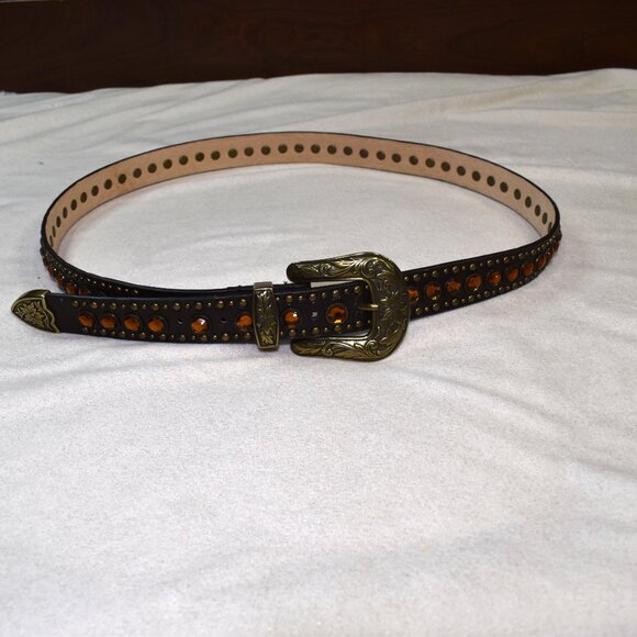 Western Rhinestone Studded Leather Belt Dark Brown XL Orange Stones - Picture 10 of 10